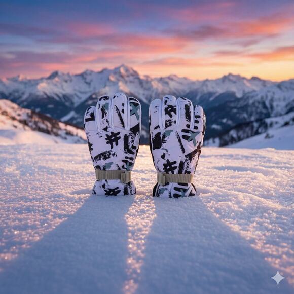 New Men’s Ski Gloves Size Medium – White Black Graffiti Pattern Waterproof - Picture 3 of 4